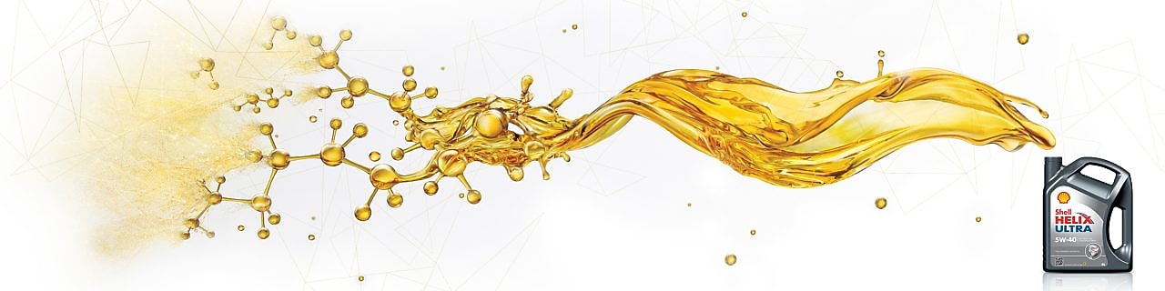 Emballage Shell Helix Ultra avec l’huile s’écoulant de l'ouverture